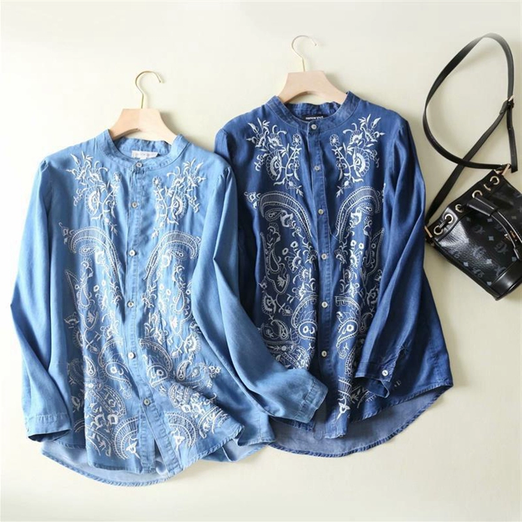 Quần áo nữ ngoại thương 2019 mùa xuân mới cổ đứng áo khoác denim thêu dân tộc áo khoác dài tay một bên ngực áo sơ mi tencel dài tay - Áo sơ mi