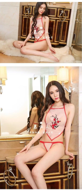 Đồ lót gợi cảm đồ lót nữ tính thêu đồ lót gợi cảm vô cùng cám dỗ tòa án cổ trong suốt màu đỏ đặt tạp dề
