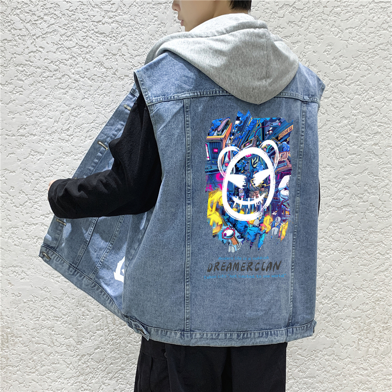 Spring and Autumn Denim Jacket Sleeveless Trendy Brand Men's Vest Waistcoat Clothing with Hood Stylish Vest