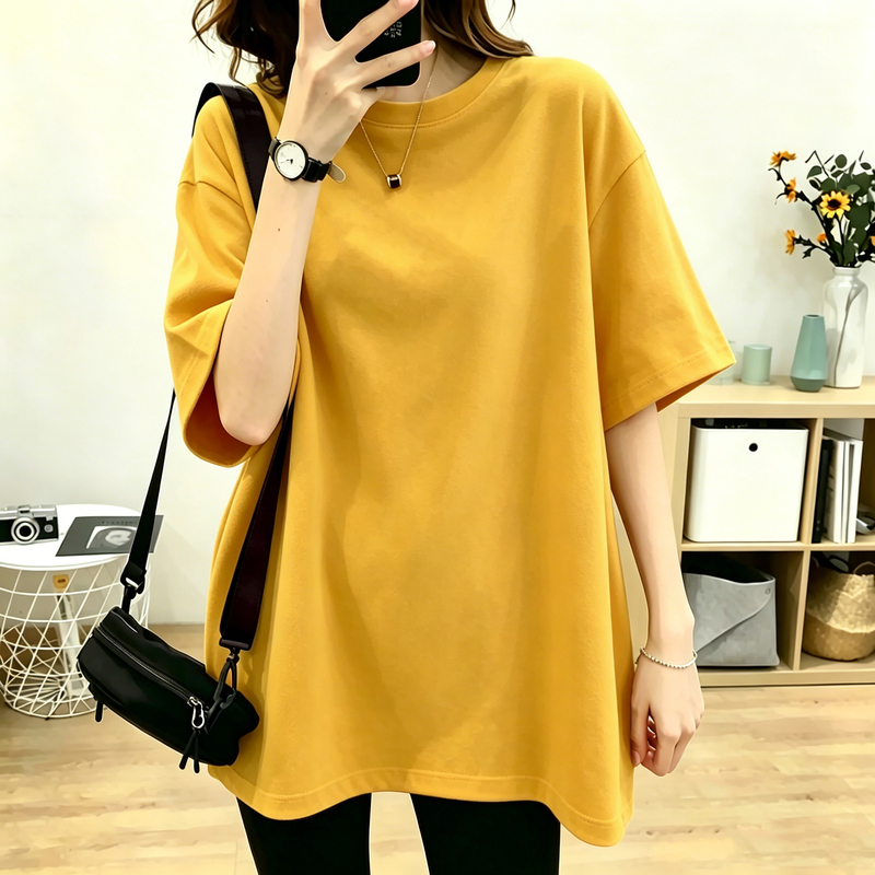Ginger-Colored Mid-Length Short-Sleeved T-Shirt for Women, Pure Cotton Summer Wear, Versatile Round-Neck T-Shirt, European Style, Oversized Loose Top