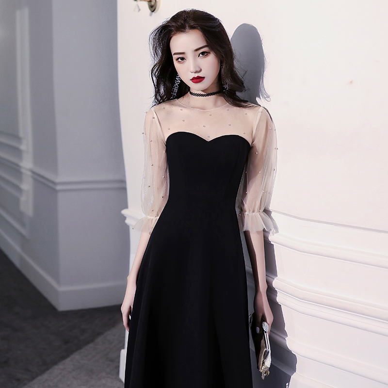 Black small evening dress women's 2022 new style usually wearable banquet temperament celebrity long-sleeved birthday dress long version