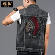 2019 mới mùa xuân và mùa thu denim áo khoác nam không tay áo khoác trẻ thêu áo vest nam quần áo denim thủy triều - Dệt kim Vest