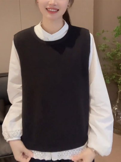 Lace Patchwork White Shirt for Women, Spring and Autumn 2025 New Fashion Casual Solid Color Chiffon Shirt, Loose Stand Collar Top