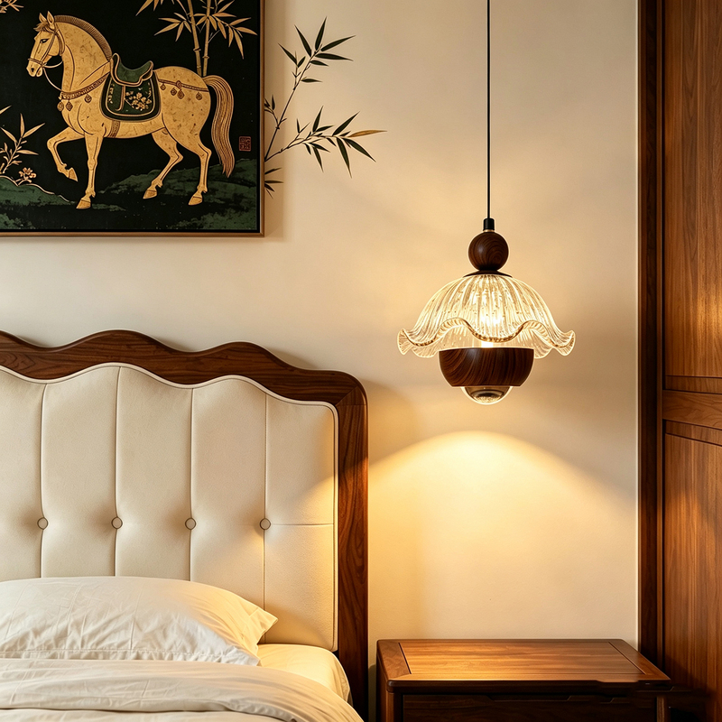 French Retro-Style Master Bedroom Bedside Pendant Light, Vintage Flower Bud Hanging Rope Light, Adjustable Height Foyer Small Pendant Light