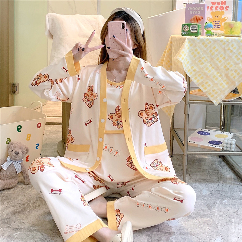 Pregnant women's pajamas, women's spring and autumn cotton confinement clothes, postpartum summer style, summer clothes, home clothes, summer thin section, breastfeeding three-piece set