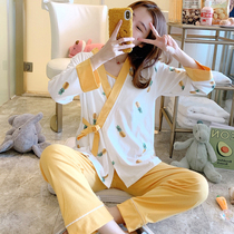 Yuezi Clothing Spring and Autumn Winter cotton postpartum pregnant womens pajamas womens summer thin breastfeeding three-piece set of 10 months 11
