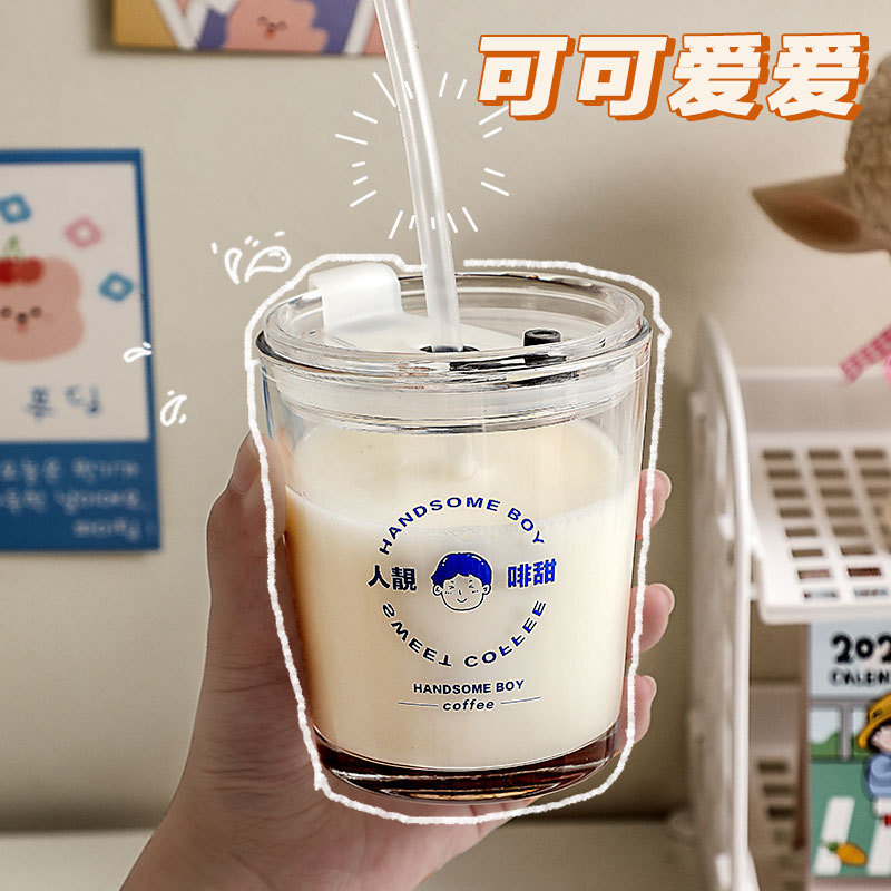 Double-layer glass girl cute with straw creative INS people beauty coffee sweet coffee cup text net red cute