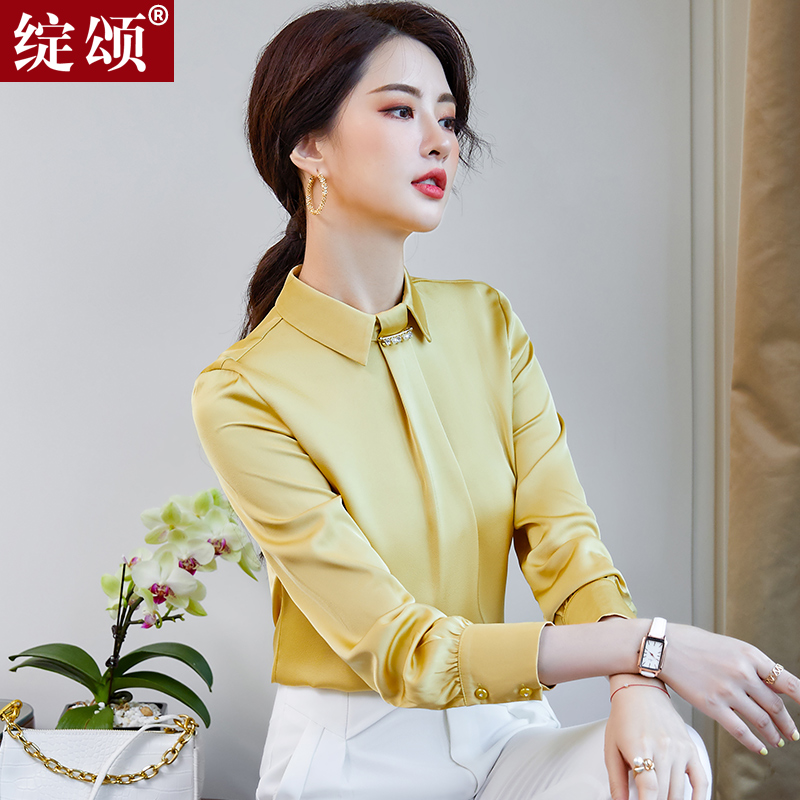 Yellow Snowspun Shirt Woman 2021 Spring New Pendant Sensical fashion foreign design Genuine Silk Blouse