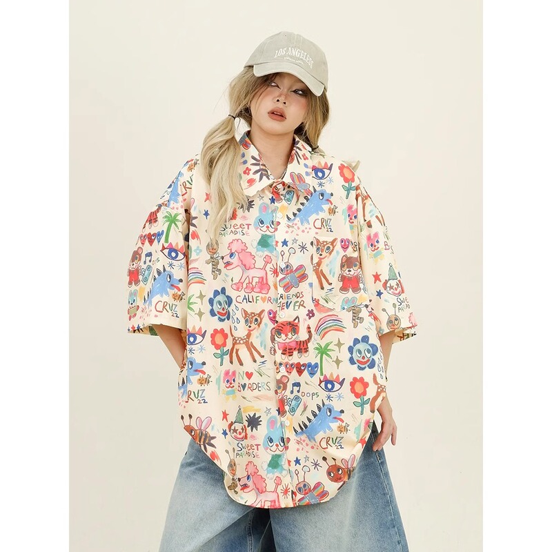 American Street Style Fun Graffiti Casual Floral Shirt for Women, New Summer Niche Design Trendy Brand Loose Shirt American Street Style Fun Graffiti Casual Floral Shirt for Women, New Summer Niche Design Trendy Brand Loose Shirt