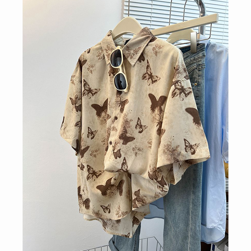 Ink Butterfly Print Short-Sleeved Shirt for Men and Women, Summer Beach Wear, Sun Protection Shirt, Ice Silk Thin Couple Top
