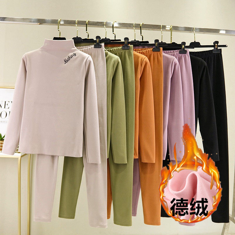 De-velvet spontaneous hot long-sleeved inner dress women's large size autumn and winter semi-high collar warm inner jacket plus velvet sanitary pants top