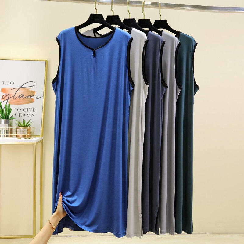 Cool Modal Men's Nightgown Summer One-Piece Sleeveless Thin Nightgown Robe Long Pajamas Home Wear Bathrobe