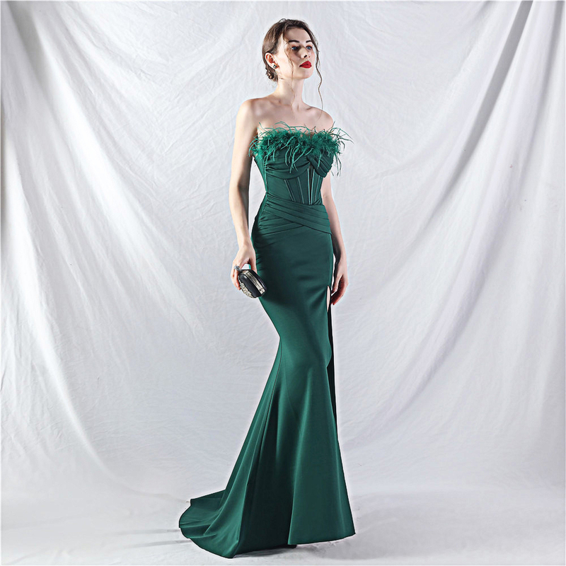 Evening Dress for Women, High-End, Elegant, Light Luxury, Sophisticated, Slim-Fitting, Fishbone Strapless, Wrap-Around, Long Gown with a Train