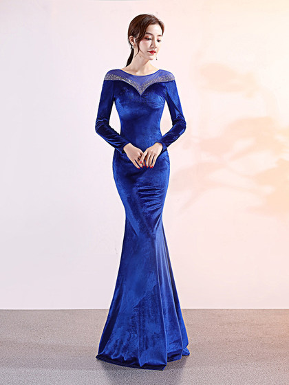 丝绒宴会晚礼服女长袖公司年会主持人派对聚会婚礼长款鱼尾连衣裙