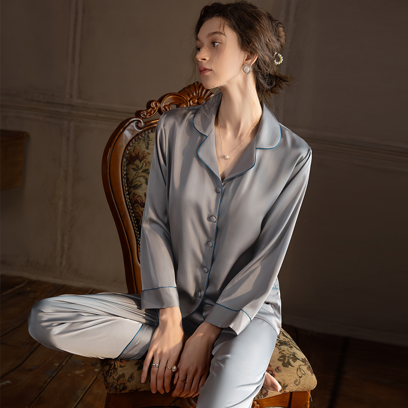 New Men's and Women's Couple Pajamas Set, Long-Sleeved Long Pants, Summer Silk, Large Size, Ice Silk Loungewear, Two-Piece Set, Spring and Autumn