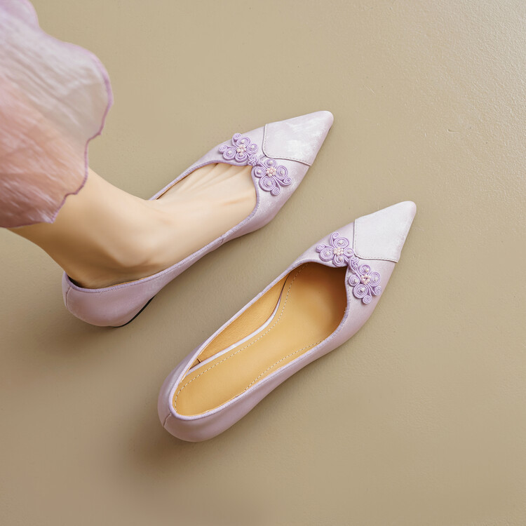 Neon Fairy Purple~ Retro Buckle New Chinese Style Women's Silk Leather Pointed Toe National Trend High Heel Cheongsam Shoes
