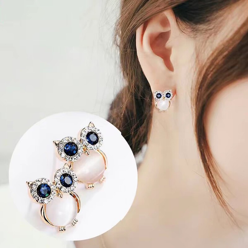 Korean Style Personalized Earrings, Creative Owl Design, S925 Sterling Silver, Girly and Sweet Cat-Eye Earrings, Versatile and Elegant