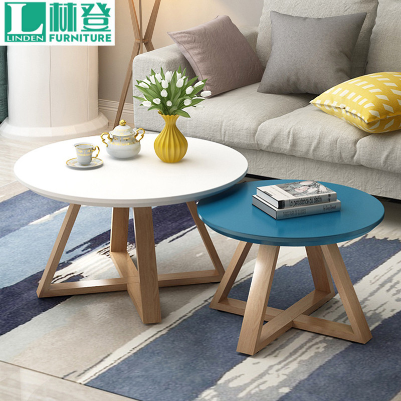 Tea table Nordic modern minimalist solid wood living room round tea table high and low combined creative triangle small tea table