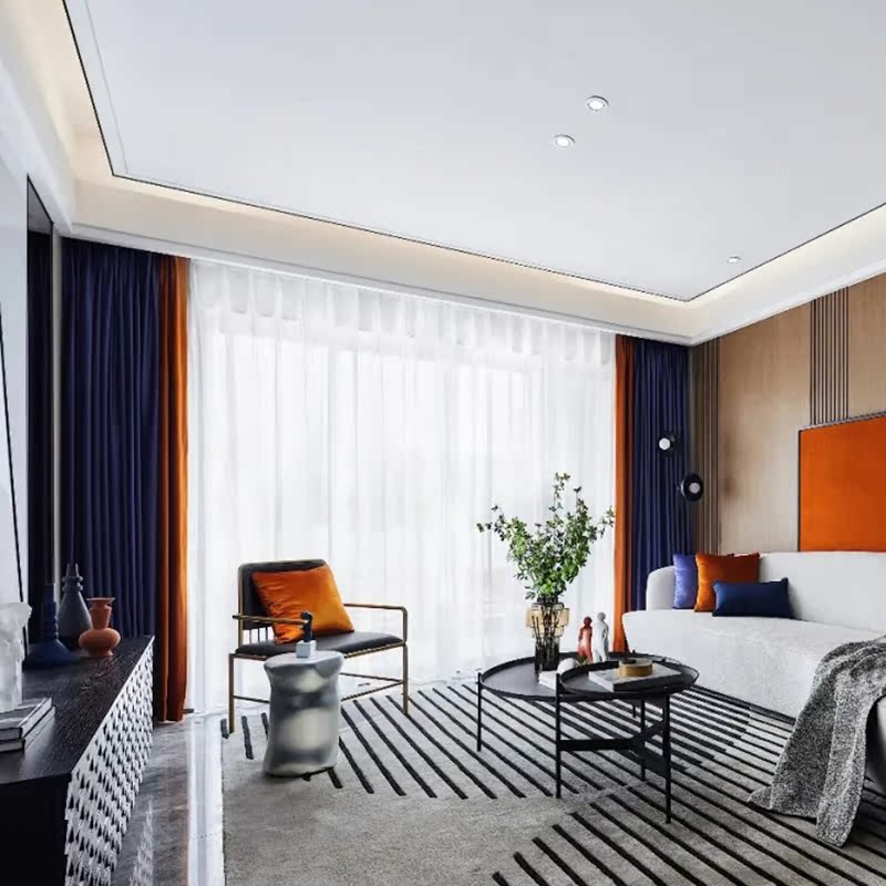 蓝色橙色拼接卧室全遮光拼色窗帘轻奢风北欧风格
