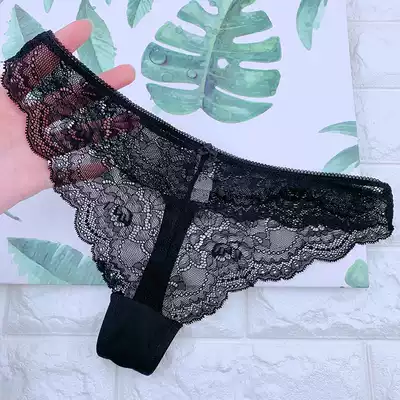 Ultra-thin lace seamless thong women's black perspective low waist sexy hollow Hollow hot hot hip hip tight t-character students