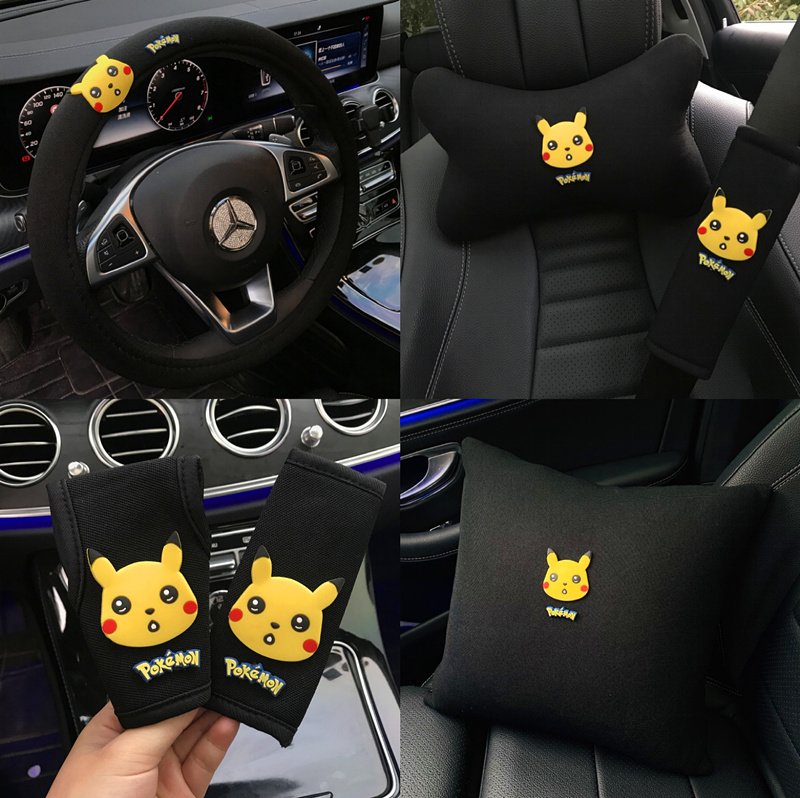 Summer ice silk Pikachu car seat belt shoulder cover hand brake cover shift handle gloves car headrest waist cover decoration