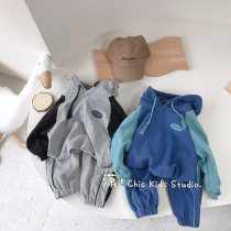 Childrens sports suit men and womens 2020 autumn new Korean version contrast color pure cotton hooded sweater sports suit tide