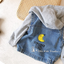 Childrens denim stitching jacket mens and womens 2020 autumn new Korean fake two-piece denim jacket hooded top