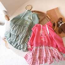 Girls dress 2020 autumn new Western style pure cotton fake two-piece hooded sweater skirt midfield Korean skirt