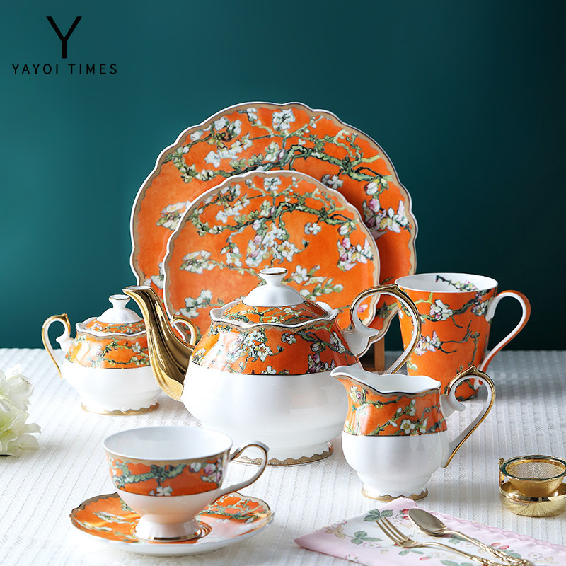 弥生时代梵高名画橘色盛开的杏花骨瓷咖啡杯碟马克杯甜品盘西餐盘