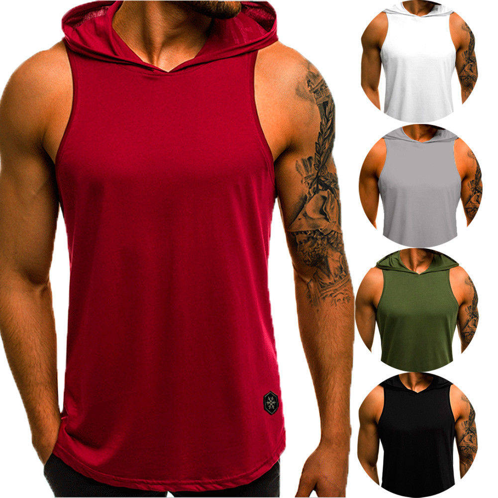 Men Hoodies Tank Top Sleeveless Muscle Gym Sport Slim Vest B