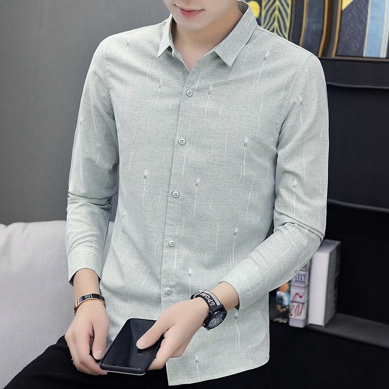 男士长袖衬衫秋季修身韩版格子寸衫青年休闲潮流男装帅气衬衣男