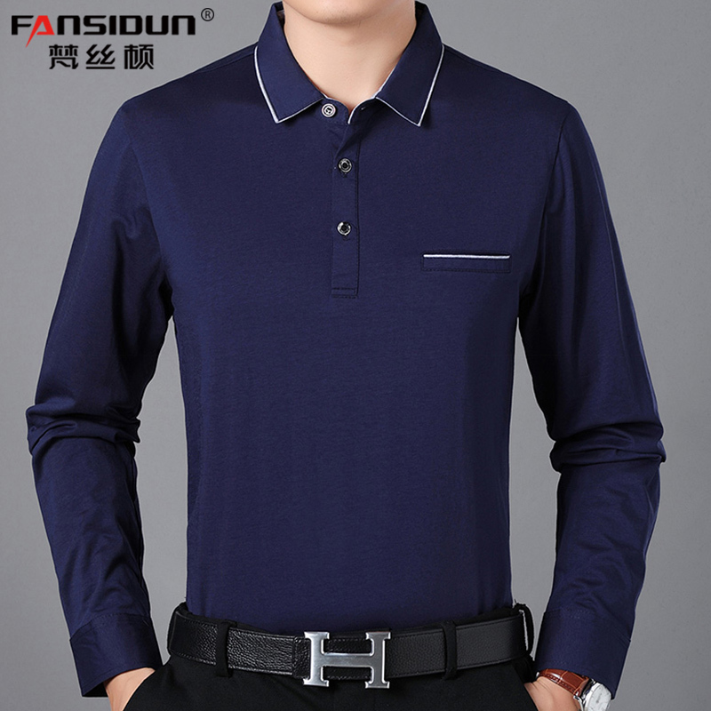 Men's Long-Sleeved Cotton T-Shirt, Dad-Style Collared Top, Spring and Autumn Thin Shirt with Pocket Cuffs