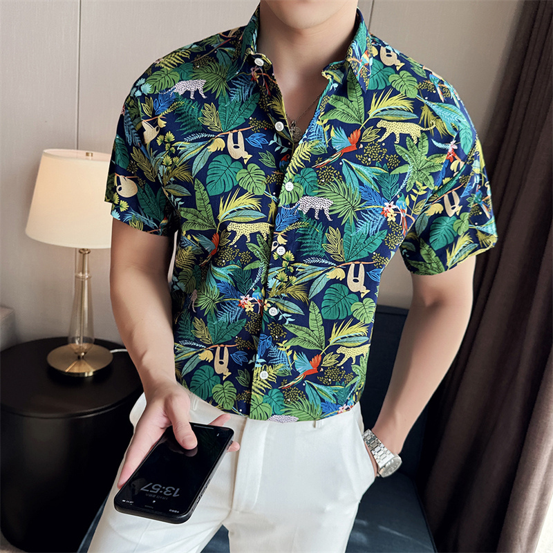 Business Trip Hawaiian Style Seaside Printed Shirt Men's Cool Loose Shirt Summer Vacation Beach Clothes Trendy