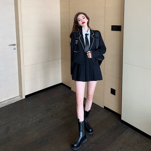 Черная студенческая юбка в складку, костюм, комплект, полный комплект, плиссированная юбка, в западном стиле