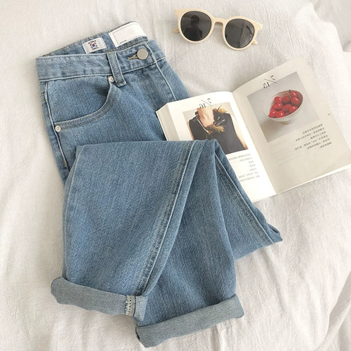 Весенние синие джинсы, штаны для отдыха, свободный прямой крой, высокая талия, подходит для подростков