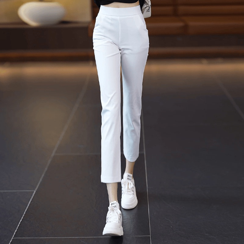High-End Summer Cropped Straight-Leg Pants for Women, Harem Pants, High-Waisted Slimming Cigarette Pants, Slim-Fit Stretchy Ankle-Length Pants