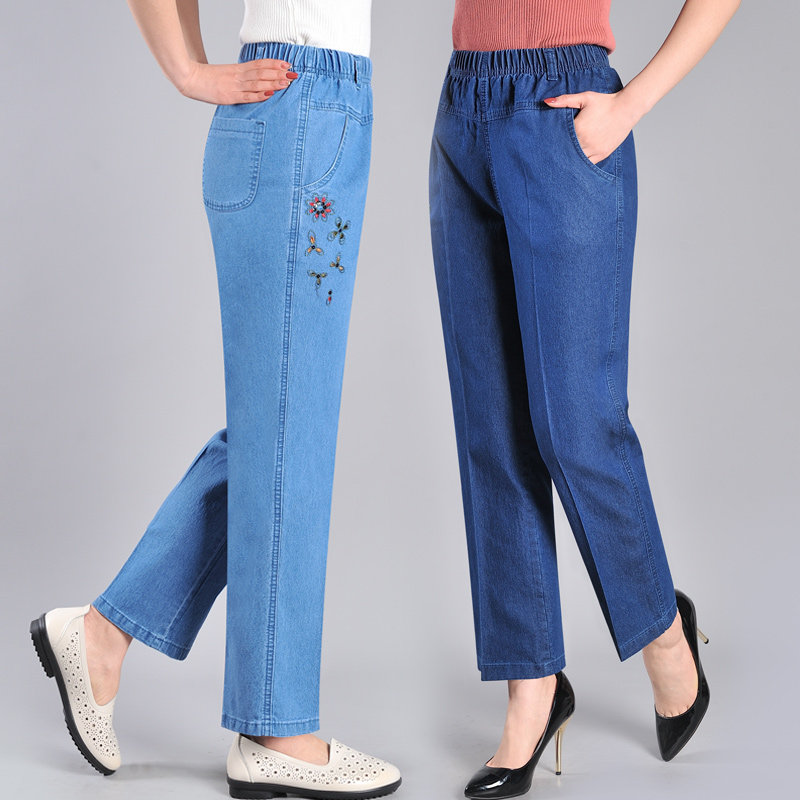 Middle aged and elderly jeans Women summer thin mother pants ankle-length pants elastic high waist elastic straight tube grandma pants