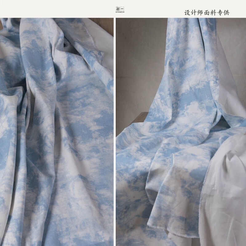 Creative Sky Blue Denim Fabric with Ink Wash Print Background Decoration Handmade DIY Clothing Designer Fabric Bag
