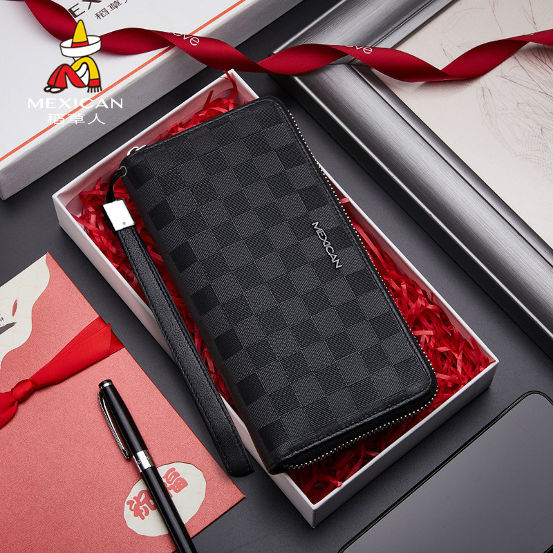 Rice Straw Man New Leather Clip Men's Long Version Hand Held Genuine Leather Bracelet Zero Money Card Bag Integrated Leather Clip Large Capacity Light Extravagant