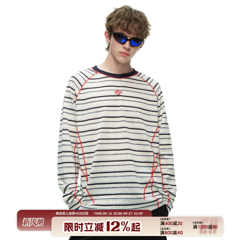 [Same Style as Wang Yien] Er Hasselblad Striped Color-Block Long-Sleeve T-Shirt 2026 Autumn Round Neck Loose Top for Men and Women