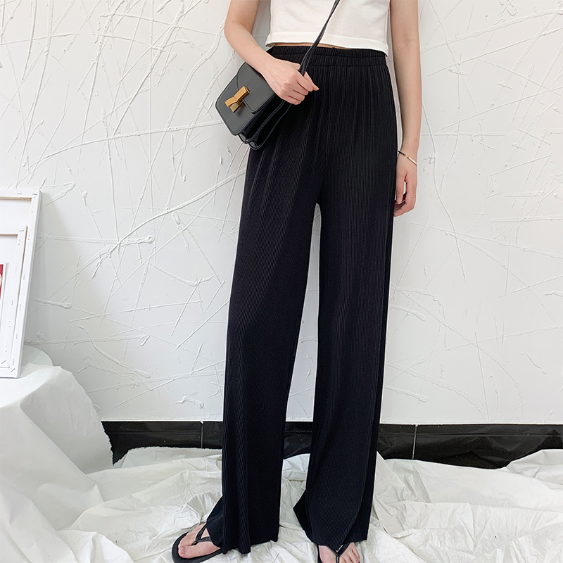Ice Silk Broadlegged Pants Woman Summer Thin with high waist pitulation Black Loose Tow Ground Casual Pendant Feel Cool And Cool Straight Drum Long Pants