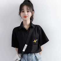 2021 summer new retro harbor style cartoon print black short sleeve shirt women chiffon shirt loose top tide