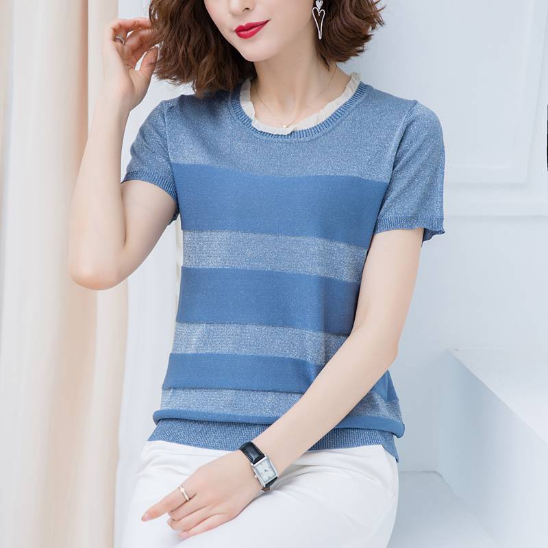 Ice-lụa ngắn thời trang mini-áo mùa hè mỏng ren quanh cổ phụ nữ knitsweater với váy kiểu sưng lên đầu