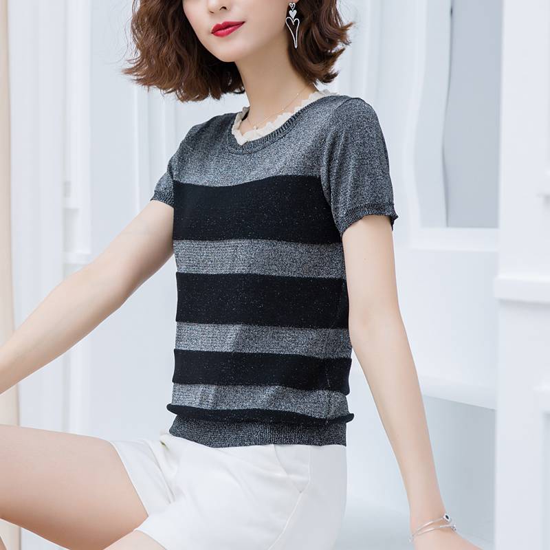 Ice-lụa ngắn thời trang mini-áo mùa hè mỏng ren quanh cổ phụ nữ knitsweater với váy kiểu sưng lên đầu