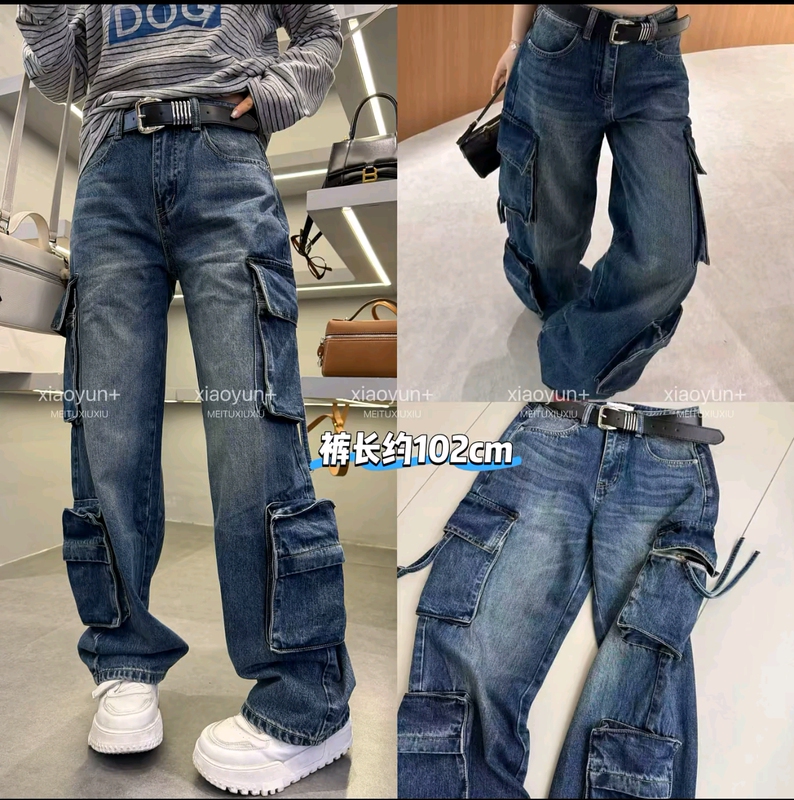 [in Stock] High Street Straight-Leg Jeans for Women, Spring Vintage Style with Large Pockets, Denim Work Pants 68217