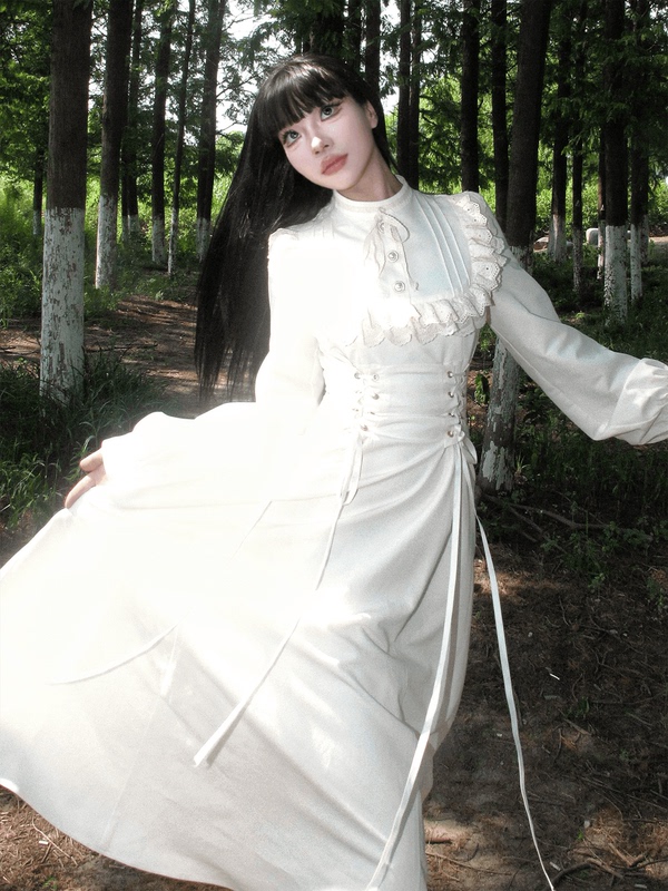 Muggle Studio “Porcelain” Original Design French Retro Autumn and Winter Elegant Waist-Cinching Lace Dress
