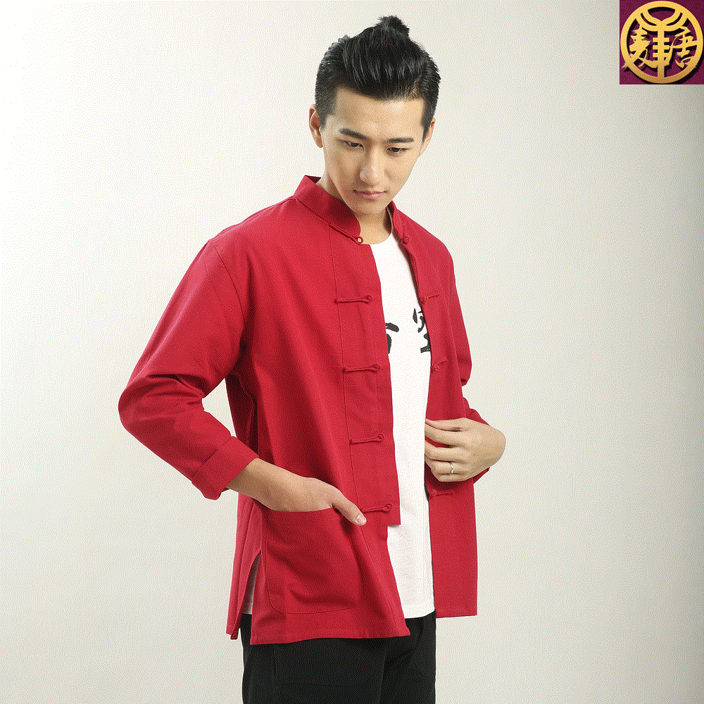 中精品春夏全棉套头衬衫男中袖V领夏季9分裤唐装男士套装潮流禅服