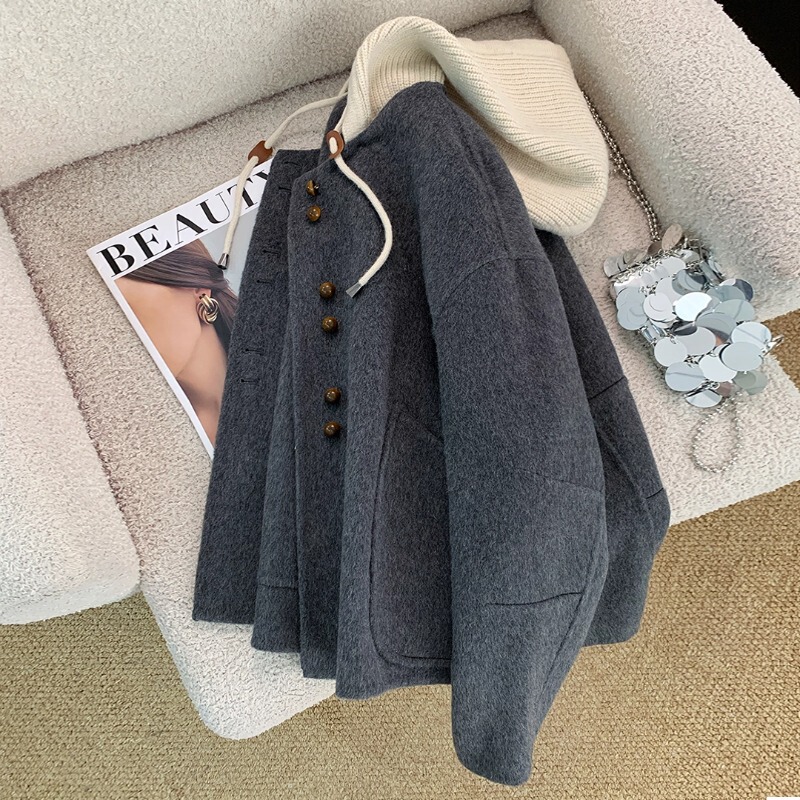 Luxurious Gray Detachable Hooded Double-Sided Wool Coat for Women, New Korean Style High-End Short Woolen Jacket