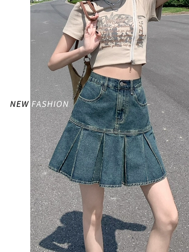 Летняя джинсовая юбка, ретро юбка в складку, высокая талия, А-силуэт