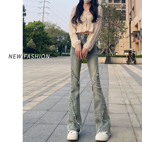 Ретро джинсы, осенние штаны, леггинсы, штаны-клёш, 2024 года, новая коллекция, подходит для подростков, в американском стиле, высокая талия